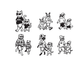 Obraz premium Minimalist vector line art bundle of mother and baby cats in Christmas streetwear fashion. Cute cartoon cat breeds with Santa hats and sunglasses isolated