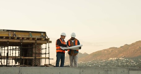 Team, blueprint and architect at construction site for planning, development review or layout....
