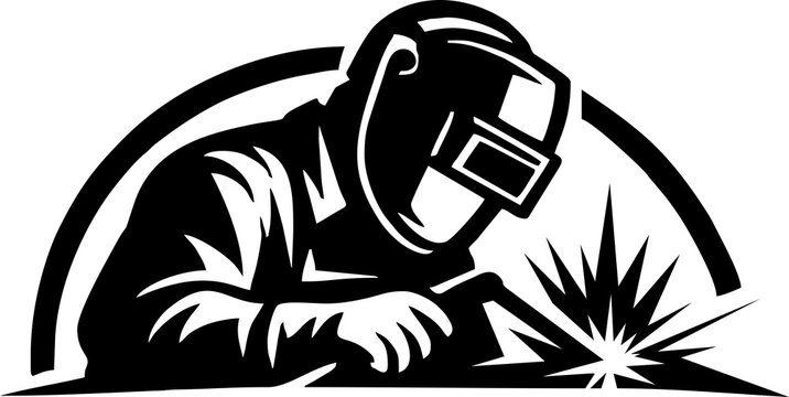 Welder worker with protective mask and sparks vector illustration, industrial welding emblem with transparent background.