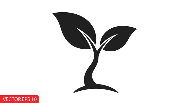 Black silhouette of a young plant with two leaves sprouting from a curved stem on white background.