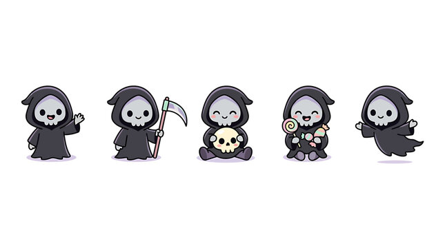 Kawaii grim reaper character set, cute cartoon death mascot collection, 5 spooky halloween reaper icons with scythe and skull, vector stickers
