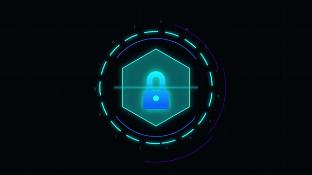 Digital security lock icon with futuristic interface and glowing neon lights.