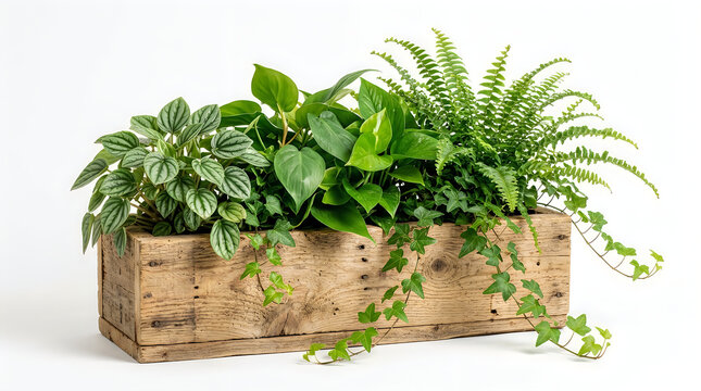 Wooden planter box filled with green tropical plants