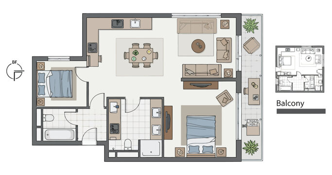 Comprehensive floor plan rendering depicting a well appointed apartment layout with two comfortable bedrooms a spacious living area a dining nook and a well equipped kitchen area flowing