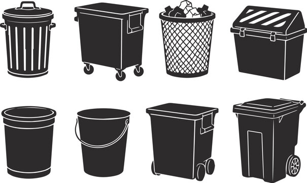 trash cans, waste bins, and recycling containers monochrome vector icon illustration Perfect for graphic design, web icons, and print-on-demand merchandise.