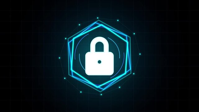 Digital Security Lock Icon with Futuristic Neon Geometric Frame.