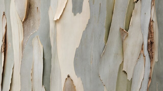 Closeup of eucalyptus tree bark texture with peeling layers in shades of grey, beige, and cream