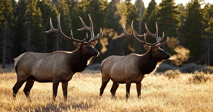 Two majestic elk with impressive antlers standing in a golden meadow at sunrise, breathing mist
