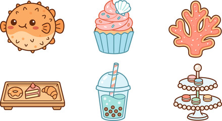 Cute Kawaii Ocean Food & Treats Collection: Pufferfish, Cupcake, Coral, Pastries, Bubble Tea, Macarons © dek