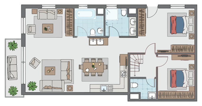 Overview of a spacious residential dwelling floor plan depicting living areas kitchen dining rooms bedrooms and bathroom arrangements suitable for architectural design and real estate marketing
