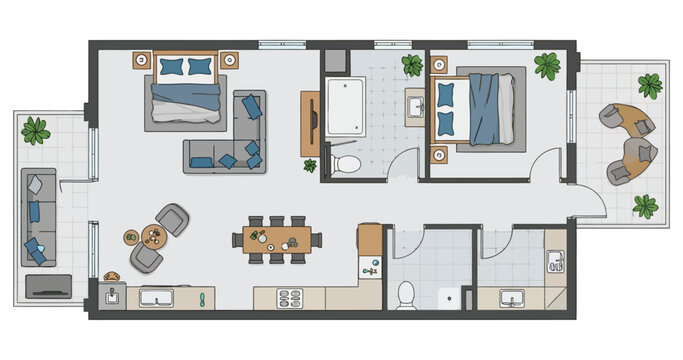 View from above of a detailed floor plan showing a spacious residential dwelling with multiple rooms including bedrooms living areas dining space kitchen bathrooms and an outdoor balcony area