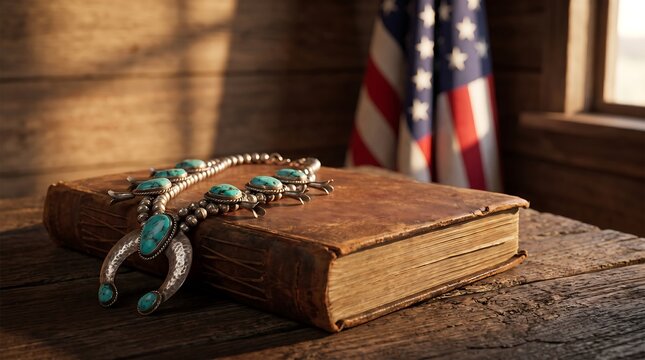 Traditional turquoise squash blossom necklace placed on an old book with American flag in background.