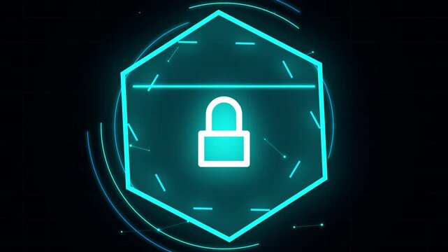 Digital security lock icon with futuristic neon hexagon and glowing particles.