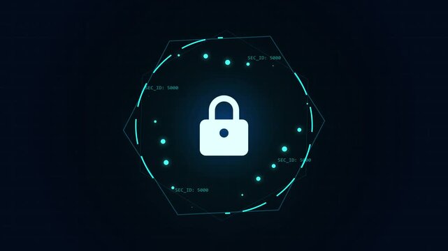 Digital security lock icon with futuristic network interface and data points.