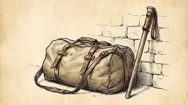 Travel bag and walking stick leaning against textured wall illustration