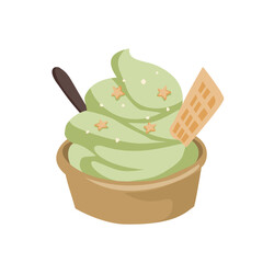 Cute matcha green tea ice cream illustration, isolated cartoon soft serve dessert clipart on white