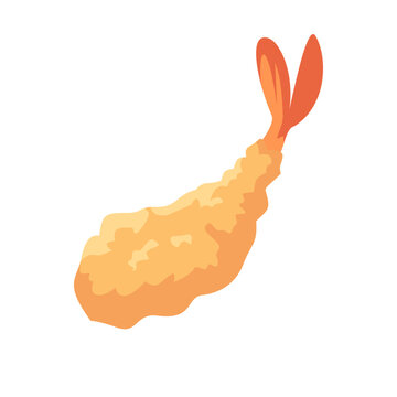 Cute ebi tempura shrimp illustration, isolated cartoon japanese fried prawn clipart on white background