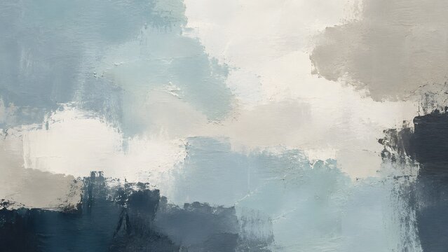 Abstract oil painting with soft blue, grey, and white brushstrokes, textured artistic background with a moody and serene atmosphere