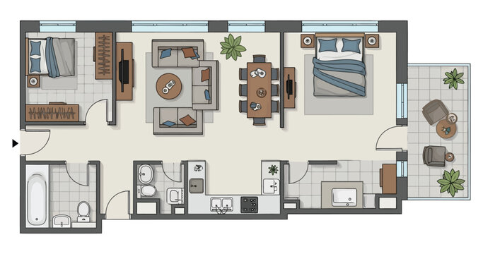 Discover a thoughtfully designed apartment layout featuring two bedrooms a spacious living area a dining room a functional kitchen and a private balcony perfect for relaxation and entertaining