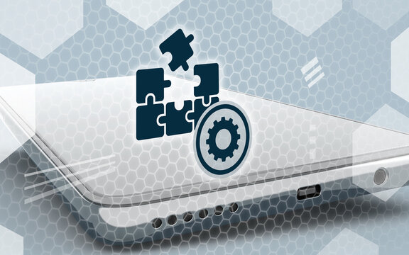 3D render of a smartphone featuring a puzzle and a settings icon, representing mobile app customization, software configuration, system optimization, and digital technology concepts.
