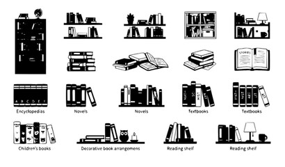 Modern Home Library Bookcases and Bookshelves with Stacks of Books Vector Collection on White Background © MisArfina