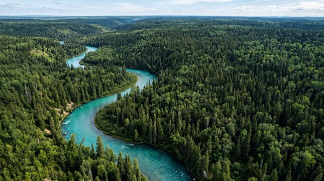 Aerial view of dense forest with winding river
