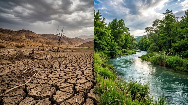 Dry cracked earth beside a lush green stream