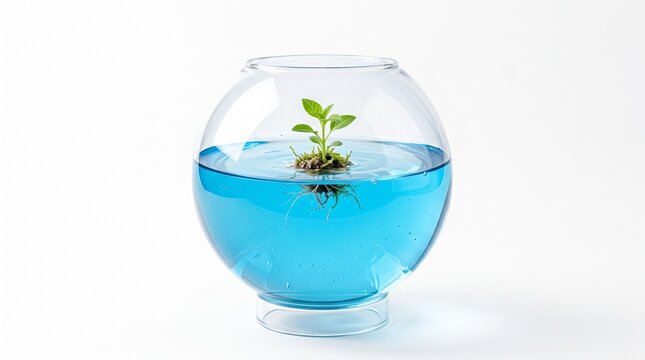 Small plant growing in blue water bowl