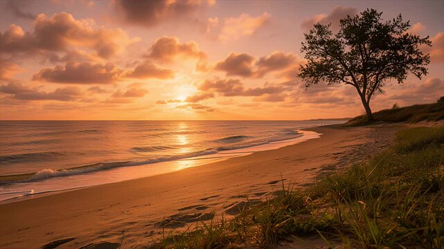 sunset beach lone tree along calm ocean at golden hour