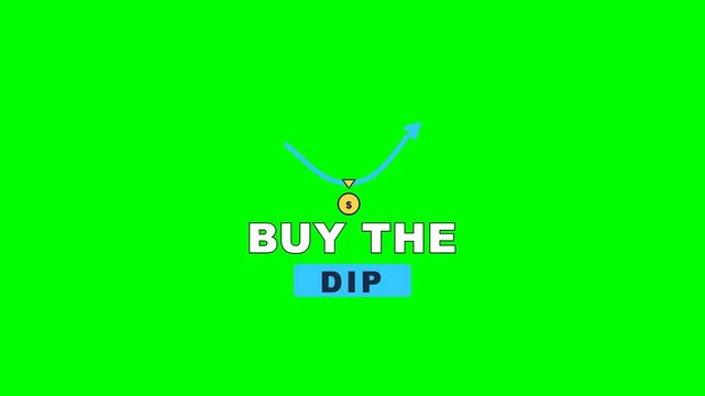4K green screen BUY THE DIP trading badge - a dip curve with a buy marker, animated crypto stock market overlay for finance and trading content, chroma key
