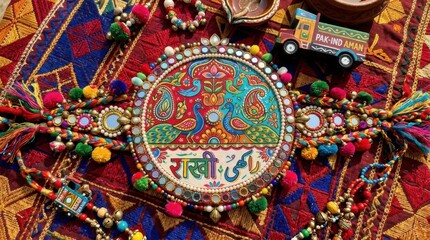 Fototapeta premium Vibrant Indian Traditional Handmade Rakhi with Intricate Thread Work and Ornaments