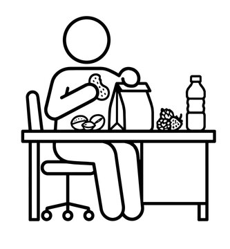 Person eating snacks and cookies from paper bag at office desk icon vector illustration. Snack time concept.