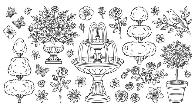 Garden nature theme coloring page elements with flower bouquet roses trees and fountain.