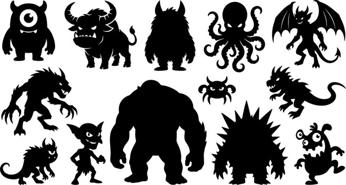 Large Vector Collection of Spooky Monster Solid Silhouettes Featuring Goblins Trolls Werewolves and Mythical Creatures for Halloween Graphic Designs