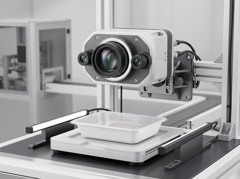 Industrial machine vision camera inspecting plastic food packaging tray for automated quality control
