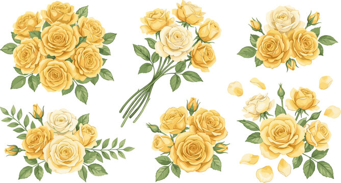 Large Vector Collection of Elegant Yellow Rose Bouquets Featuring Gold Amber and Cream Blossoms with Stems and Floating Petals for Wedding Stationery Layouts