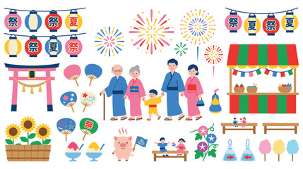 Fototapeta premium Japanese summer festival family enjoying food and activities at matsuri.