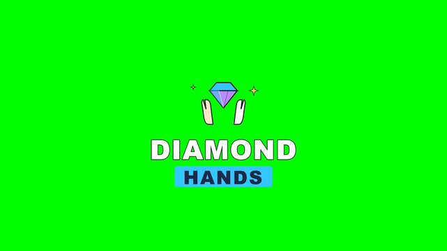 4K green screen DIAMOND HANDS trading badge - a diamond held by two hands, animated crypto stock market overlay for finance and trading content, chroma key