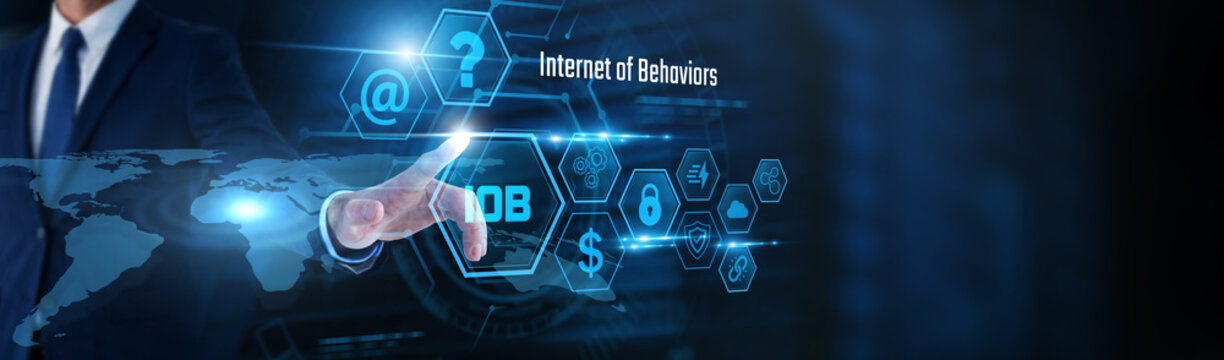 Businessman touch IOB, and behavioral data. Internet of Behavior technology, consumer behavior analytics, artificial intelligence, predictive insights, digital transformation