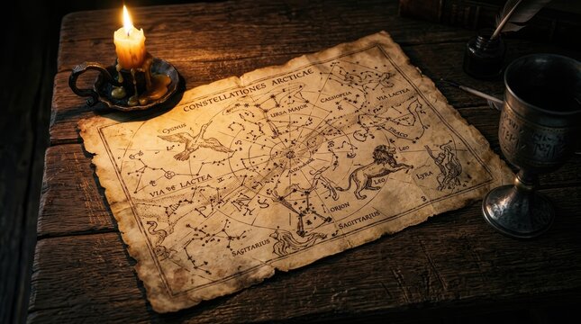 Vintage celestial star map on aged parchment, ancient zodiac constellations chart by candlelight, mystical astronomical scroll on rustic wooden table