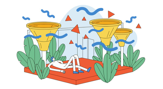 Minimalist person relaxing peacefully on a red platform under large yellow funnels