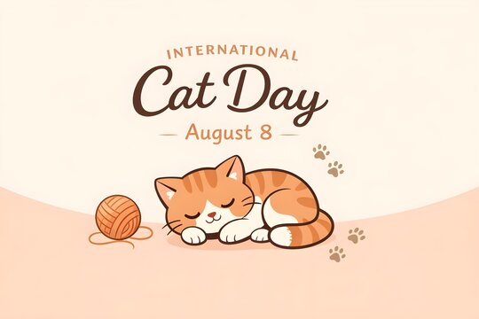 international cat day sleeping cartoon cat illustration with yarn ball