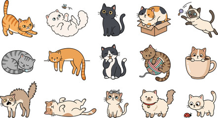 Fototapeta premium Cute cartoon cats vector collection with playful kitten characters in adorable pet poses