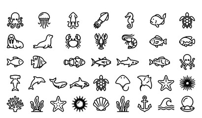 Marine Animals Line Icons Set with Octopus Jellyfish Shark Dolphin Turtle Ray Crab and Ocean Wildlife Editable Stroke Vector Collection © Johora