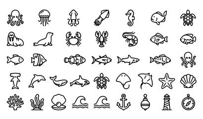 Obraz premium Sea Life Outline Icon Set with Octopus Jellyfish Squid Seahorse Shark Dolphin Turtle and Marine Symbols Editable Stroke Vector