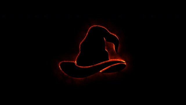 Witch hat silhouette glowing with fire effects on black background, Halloween animation.