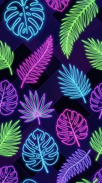 Vibrant glowing neon tropical leaves pattern on dark background vector