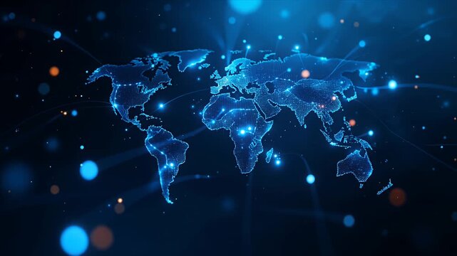 digital world map globe with glowing blue network lines and nodes