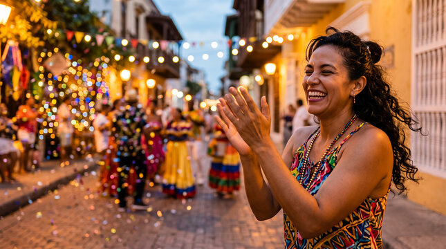 Woman in festive colorful dress celebrating and clapping on decorated street