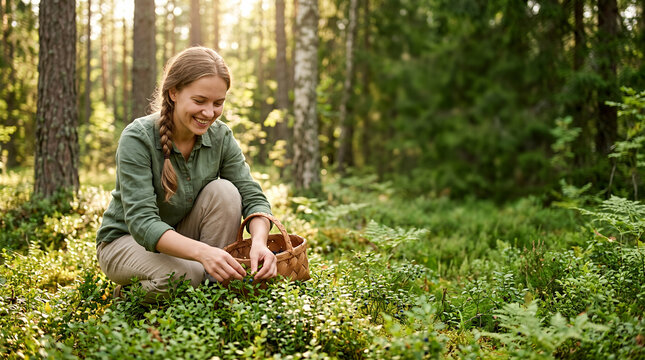 Young woman with braids gathering berries in sunny forest